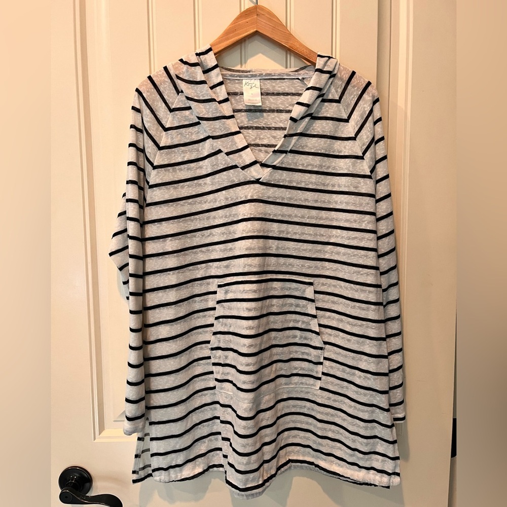 Kona Sol Medium Hooded Swim Suit Cover Up Pullover Navy White Resort Cruise LW